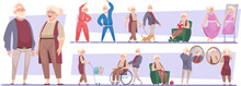 Elderly Persons. Male And Female Characters Grandmother And Grandfather Senior People In Casual Style Clothes Exact Vector Illustrations Set