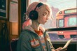 A anime style girl with headphones sitting on a train and listening to lofi music, generative ai