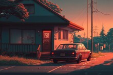 An 80s-style House With An Old-fashioned Car Parked Next To It, Warm Orange Glow During A Cozy Sunset, Generative Ai