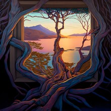 Ancient Tree Roots Weaving Into A Window Of Epic Views Of Mountains And Sea On A Sunrise James Jean And Erin Hanson Art Ar 23 