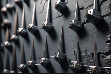  a wall with many metal studs on it and a black wall with a bunch of other metal studs on the side of it.  generative ai