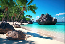  A Tropical Beach With Rocks And Palm Trees On The Shore Of The Ocean And A Rock Formation In The Water On A Sunny Day With Blue Sky.  Generative Ai