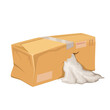 Cardboard torn broken box with leaking bulk product from hole vector illustration. Cartoon isolated carton crushed packaging of warehouse with damage, damaged crumpled wrinkled box with cracks