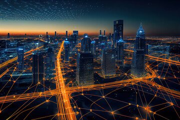 Futuristic city map. Top view digital night city. Navigation technology background. Generative AI