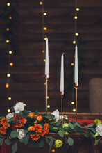 Romantic Dinner. Table With Flowers And Candles, Bokeh Garlands