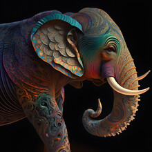A Giant, Rainbow-colored Mammoth Stands In The Center Of The Bustling City, Its Trunk Raised In A Silent Greeting