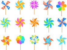 Cartoon Pinwheel. Paper Propller Kid Toy, Set Color Windmills Baby Joy Wind Mill Summer Weather, Breeze Wheel Child Color Whirligig Spinner