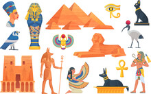 Cartoon Egyptian Elements. Ancient Egypt Statue And Mythology Objects, Birds Scarab Jackal History God Sphinx Pharaoh Building Architecture For Game, Ingenious Vector Illustration