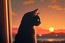 Cat Watching Sunset Scene