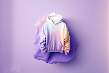 Beautiful e-commerce photograph of a white and iridescent hoodie in the center of it, floating in the air, flat background, studio lighting, clean design, pastel  colors, purple. Generative AI. 