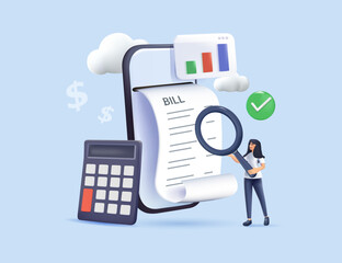 Wall Mural - 3D Character manage finances. People calculating and analyzing personal or corporate budget, managing financial income, consulting with accountant. 3D render cartoon vector illustration