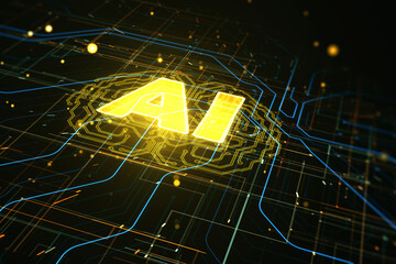 Wall Mural - Futuristic design of artificial Intelligence ai brain with circuit board. Learning process and problem solving concept. Abstract digital technology grid wallpaper. 3D Rendering.
