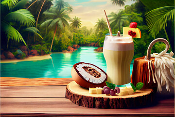 Poster - A couple of delicious exotic cocktails by a tropical lagoon with a waterfall, generative AI