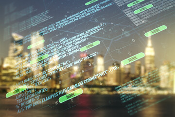 multi exposure of abstract creative coding sketch on blurry skyline background, artificial intellige