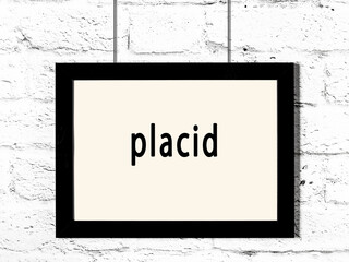 Wall Mural - Black frame hanging on white brick wall with inscription placid