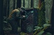 System administrator fixing servers in a forest, concept of Green technology, Data Security and Troubleshooting, created with Generative AI technology