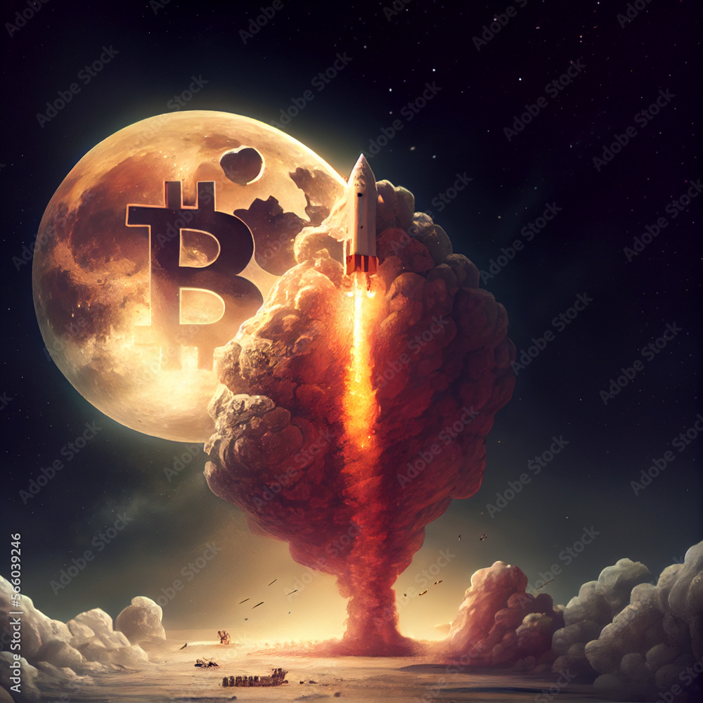 Bitcoin going up, Bitcoin btc launch going to the moon in a rocket  illustration の Stock イラスト | Adobe Stock