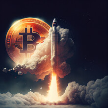 Bitcoin going up, Bitcoin btc launch going to the moon in a rocket illustration