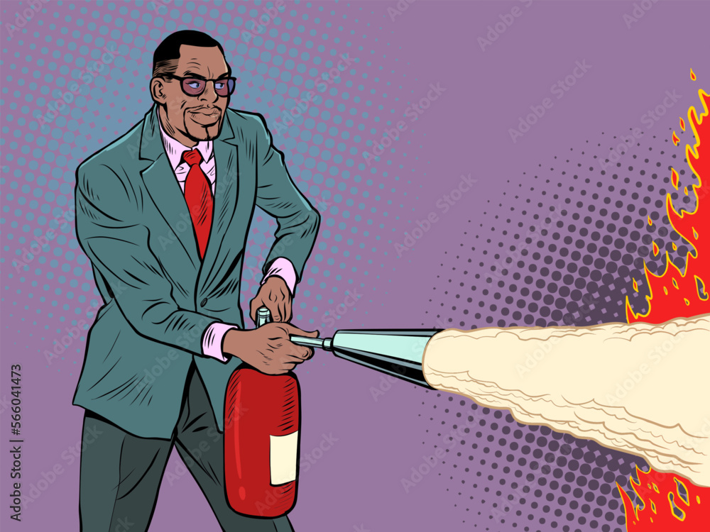 A businessman with a fire extinguisher is preparing to put out a fire ...