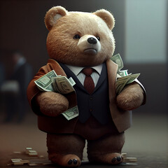 rich teddy bear with a lot of money, millionaire teddy bear businessman illustration