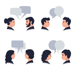 Sticker - Speaking people. Couple conversation, dialogue bubbles and chat avatars profile portraits talk together vector