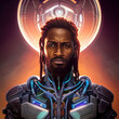 Generative AI – Mechanical Mavericks: A Cyberpunk Illustration of a futuristic African male warrior