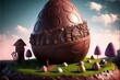 Chocolate factory in fantasy world, giant easter egg factory, digital illustration, Generative AI
