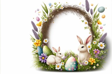 Circular easter frame decorated with easter eggs, digital illustration, Generative AI