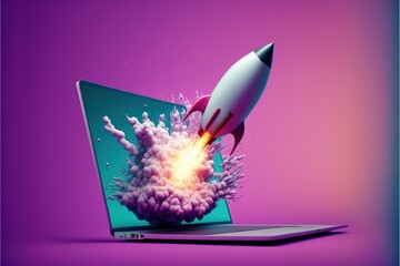 Rocket taking off from laptop screen on purple background, startup concept, Generative AI
