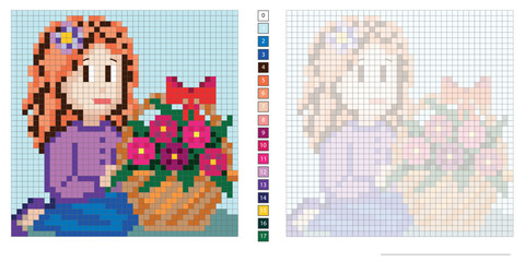 Wall Mural - vector pixel illustration, girl with a basket of flowers, coloring book, embroidery design, mosaic, creativity, development of motor skills and imagination