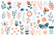 Hand drawn abstract wildflowers flowers and leaves flat icons set. Floral design with ornaments. Spring flowers blossom
