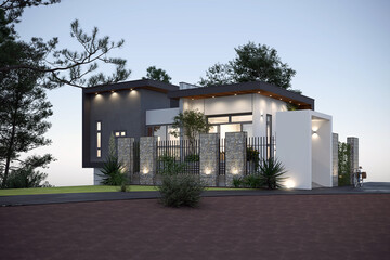 3d render luxury villa house exterior view at sunset