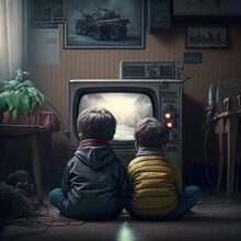 Two Boys Sitting View From Their Back Facing An Old TV Backlight On The Kids Playing Old Video Games Video Game On The Floor The Tv Display A Chase Car Ready Player One Style Fine Ultradetailed 