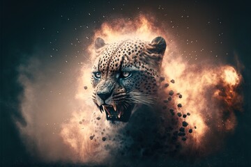 Wall Mural - Angry wild Leopard in city with Explosion on the background illustration generative ai