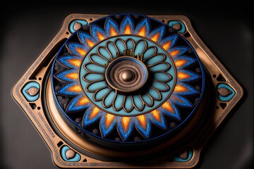 Sticker -  a decorative plate with a blue and orange design on it's center piece, on a black background, with a gold border around the edge.  generative ai