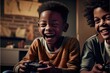 8 year old african american male gamer playing video games using an esports controller and video gaming rig indoors. 