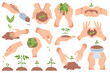 Hands planting plant flat icon. Houseplant in ceramic pot. Rich soil for agriculture and cultivation of sprout