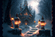 Fantasy House And Stairs With Lanterns House Winter Scene AI Generative