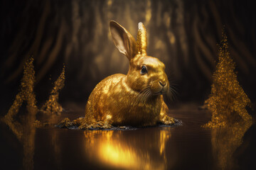 Chinese year of the water rabbit 2023, golden bunny rabbit in the water, generative ai