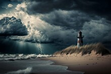A Beach With Dramatic Clouds And A Lighthouse