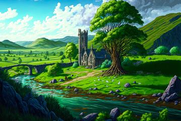 Irish landscape, fantasy, old church and bridge ruins. Generative AI