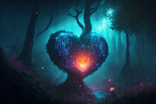 A Colorful Heart In A Green Forest Shining With Rays Of Light - Generative Ai