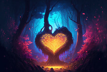 A Colorful Heart And Light Beams In A Sea Of Green In A Forest Setting - Generative Ai