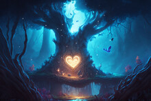A Fantasy Heart In Vivid Colors Shining In A Green Forest Meadow - Generative Ai