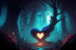 © MxCaptures - A green forest meadow with a colorful heart radiating light beams, magic lights - Valentine's Day - Generative Ai