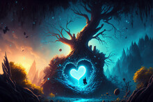 A Green Forest Meadow With A Colorful Heart Radiating Light Beams, Magic Lights - Valentine's Day - Generative Ai