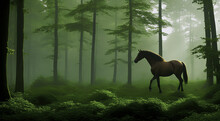 Realistic Mesmerizing Illustration Of Beautiful Brown Stallion Walking Through Green Woods, Created With Generative AI Technology