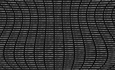 Computer binary code of ones and zeros displayed on warped digital screen with black and white matrix numbers