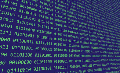 computer binary code of ones and zeros displayed on digital screen with grid of green and blue numbe