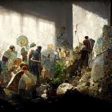 Romaic Mosaic Of People Destroying Murals13 Mossy Dusty Texture Archaeologic Discovery Sun Rays Hard Light Very Detailed 